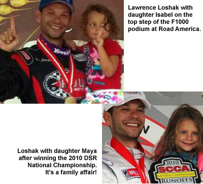 Maya Loshak (lower right) ran to the podium and jumped in Daddy's arms after Lawrence Loshak won the 2010 DSR national title. This year, Isabel (upper left) said she wanted to do what her big sister did, and she did it. [SCCA images]