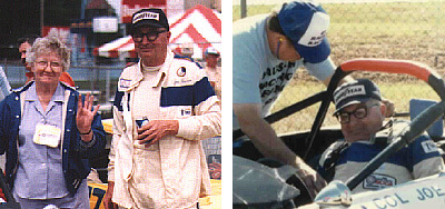 A great team for 62 years - Lois and Joe (left). Bob Ward helps buckle in the Runoffs G-Prod pole sitter (right).