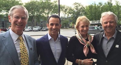 George and Gretchen Wintersteen now flank Helio Castroneves with Rick Mears on right. [Judy Stropus image]