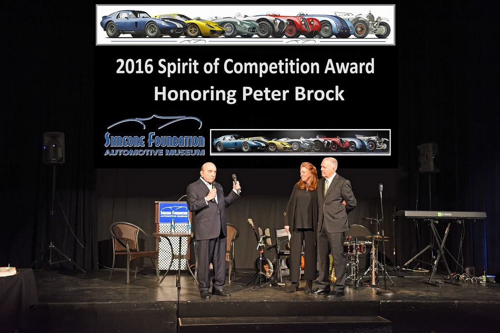 Peter and Gayle Brock are introduced by Dr. Frederick Simeone during the Simeone Foundation’s annual fund racing gala Nov. 16. Peter was the 2016 recipient of the Simeone Foundation Automotive Museum’s Spirit of Competition Award.